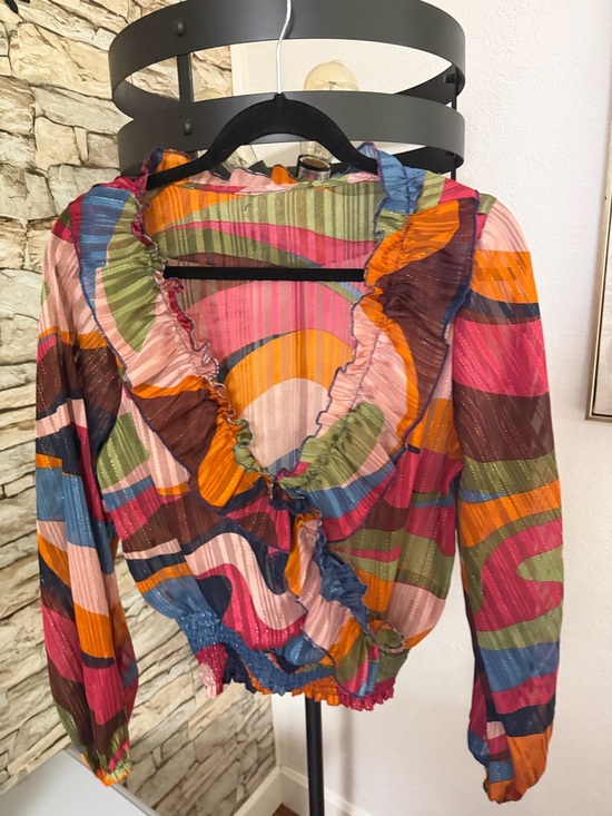 No brand Tops - Ruffled V-Neck Long Sleeve Blouse in Multi-Color